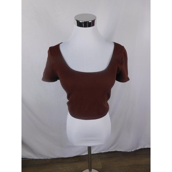 Bozzolo Brown Ribbed Crop Top Square Neck Short Sleeve M/L - Picture 1 of 10